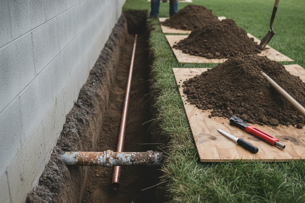 Excavated water line trench during Sewer Line Repair in Becket